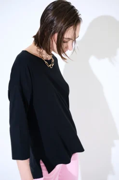 Clearance KIKISIX MAGLIA OVER SCOLLO BARCA MANICA 3/4 NERO