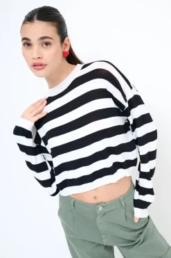 Best KIKISIX MAGLIA PARICOLLO CROP RIGHE PANNA