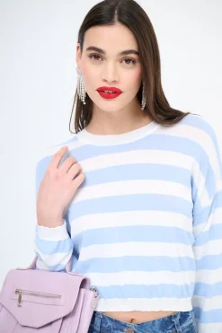 New KIKISIX MAGLIA PARICOLLO CROP RIGHE CELESTE