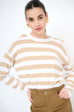 Online KIKISIX MAGLIA PARICOLLO CROP RIGHE BEIGE