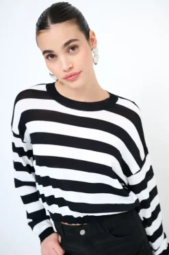 Best KIKISIX MAGLIA PARICOLLO CROP RIGHE NERO