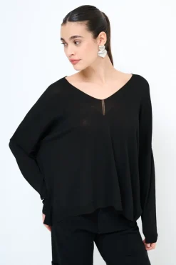 Clearance KIKISIX MAGLIA SCOLLO V OVER MANICA LUNGA NERO