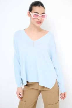 Online KIKISIX MAGLIA SCOLLO V OVER MANICA LUNGA ACQUA