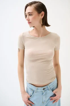 Outlet KIKISIX MEZZA MANICA MISTO SETA RASATO BEIGE