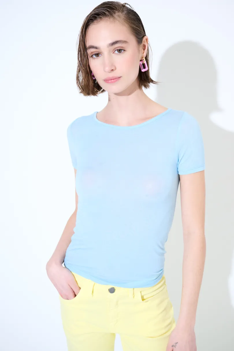 Outlet KIKISIX MEZZA MANICA MISTO SETA RASATO CELESTE