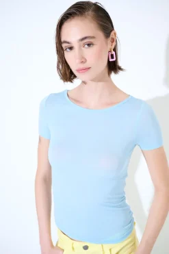 Outlet KIKISIX MEZZA MANICA MISTO SETA RASATO CELESTE