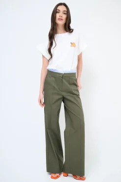 New KIKISIX PANTALONE DRITTO COTONE CON CINTURINO ELASTICO RIGA VERDE MILITA