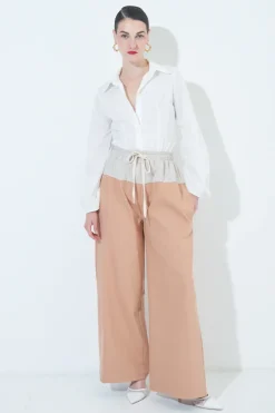 Discount KIKISIX PANTALONE OVER 2 TESSUTI CAMICIOLA/CAMMELLO