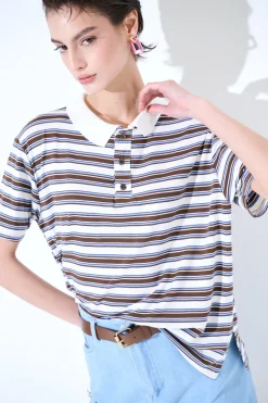 New KIKISIX POLO CROP CON SPACCHI A RIGHE M/MANICA MORO