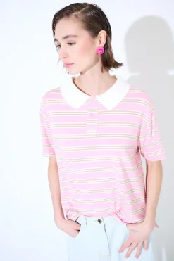 Online KIKISIX POLO CROP CON SPACCHI A RIGHE M/MANICA ROSA
