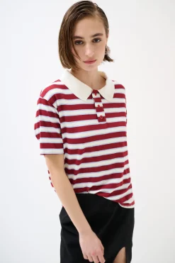Clearance KIKISIX POLO CROP CON SPACCHI A RIGHE M/MANICA VINO