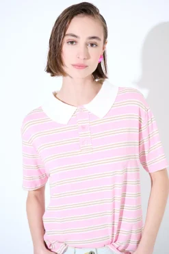 Online KIKISIX POLO CROP CON SPACCHI A RIGHE M/MANICA ROSA