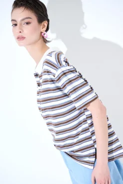 New KIKISIX POLO CROP CON SPACCHI A RIGHE M/MANICA MORO