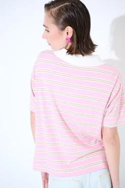Online KIKISIX POLO CROP CON SPACCHI A RIGHE M/MANICA ROSA