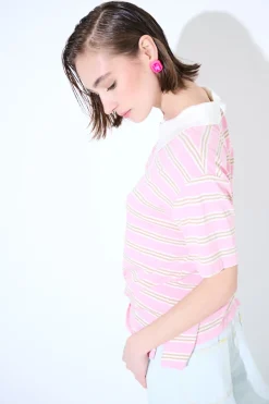 Online KIKISIX POLO CROP CON SPACCHI A RIGHE M/MANICA ROSA