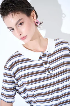 New KIKISIX POLO CROP CON SPACCHI A RIGHE M/MANICA MORO