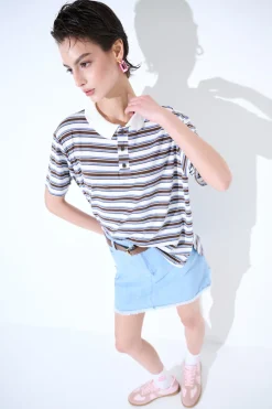 New KIKISIX POLO CROP CON SPACCHI A RIGHE M/MANICA MORO