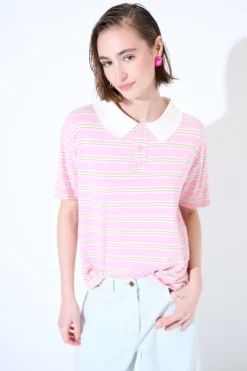 Online KIKISIX POLO CROP CON SPACCHI A RIGHE M/MANICA ROSA