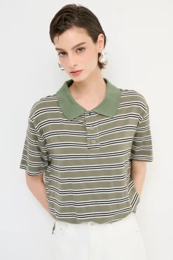 Discount KIKISIX POLO CROP CON SPACCHI ARIGHE M/MANICA VERDE MILITARE