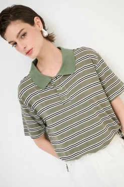 Discount KIKISIX POLO CROP CON SPACCHI ARIGHE M/MANICA VERDE MILITARE