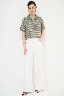 Discount KIKISIX POLO CROP CON SPACCHI ARIGHE M/MANICA VERDE MILITARE