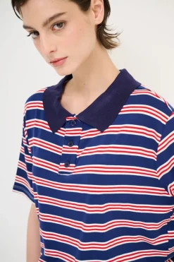Outlet KIKISIX POLO CROP CON SPACCHI ARIGHE M/MANICA NAVY