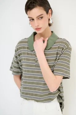 Discount KIKISIX POLO CROP CON SPACCHI ARIGHE M/MANICA VERDE MILITARE