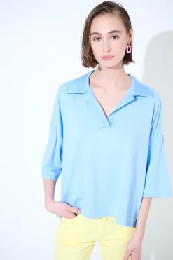 Clearance KIKISIX POLO CROP MANICA CORTA CELESTE