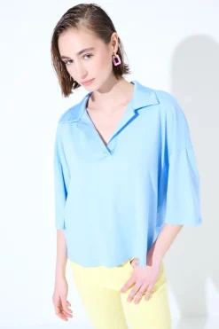 Clearance KIKISIX POLO CROP MANICA CORTA CELESTE