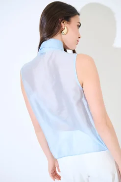 New KIKISIX TOP SMANICATO CON MAXI FIOCCO VOILE CELESTE