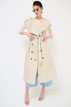 Online KIKISIX TRENCH LUNGO SMANICATO SENZA COLLO BEIGE