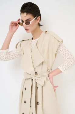 Online KIKISIX TRENCH LUNGO SMANICATO SENZA COLLO BEIGE