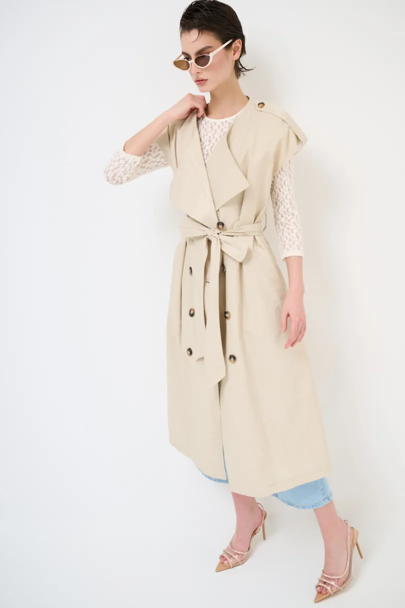 Online KIKISIX TRENCH LUNGO SMANICATO SENZA COLLO BEIGE