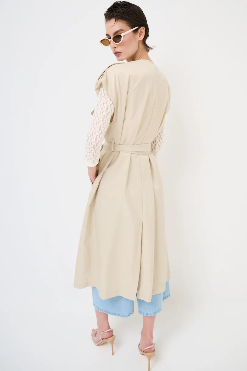 Online KIKISIX TRENCH LUNGO SMANICATO SENZA COLLO BEIGE