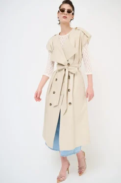 Online KIKISIX TRENCH LUNGO SMANICATO SENZA COLLO BEIGE