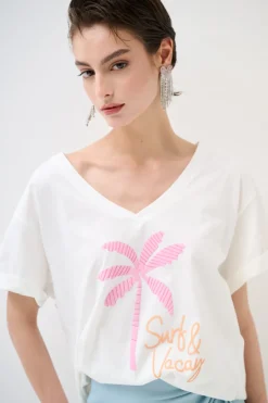 Outlet KIKISIX T-SHIRT COLLO A V PALMA BIANCO