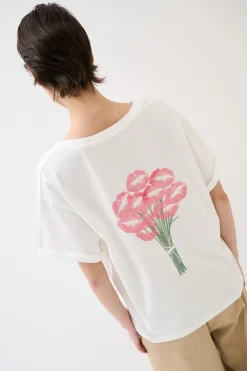 Sale KIKISIX T-SHIRT COLLO A V STAMPA BOUQUET SUL DT BIANCO