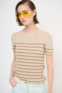 Best KIKISIX T-SHIRT MEZZA MANICA RIGA A COSTE BEIGE