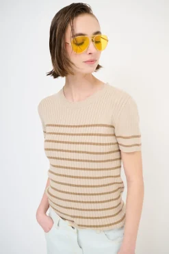 Best KIKISIX T-SHIRT MEZZA MANICA RIGA A COSTE BEIGE