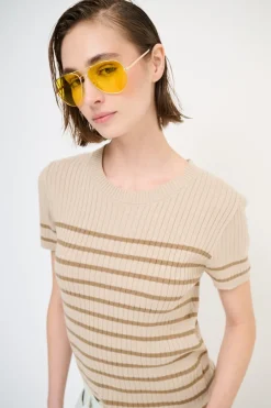 Best KIKISIX T-SHIRT MEZZA MANICA RIGA A COSTE BEIGE