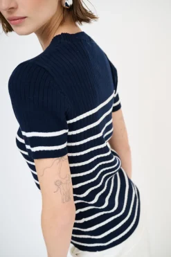 Online KIKISIX T-SHIRT MEZZA MANICA RIGA A COSTE BLU