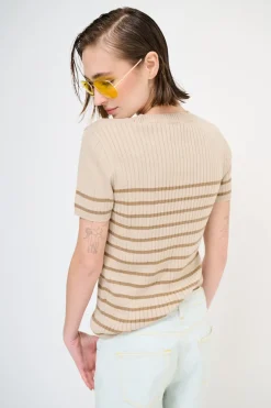 Best KIKISIX T-SHIRT MEZZA MANICA RIGA A COSTE BEIGE
