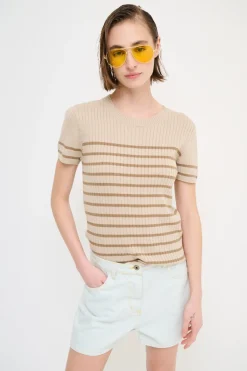 Best KIKISIX T-SHIRT MEZZA MANICA RIGA A COSTE BEIGE