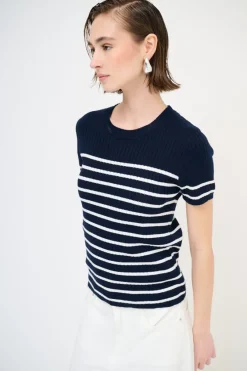 Online KIKISIX T-SHIRT MEZZA MANICA RIGA A COSTE BLU