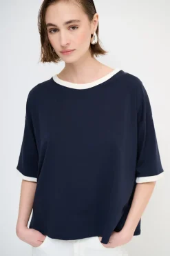 Outlet KIKISIX T-SHIRT PARICOLLO E FONDO MANICA COSTINA BLU/PANNA