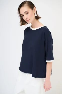 Outlet KIKISIX T-SHIRT PARICOLLO E FONDO MANICA COSTINA BLU/PANNA