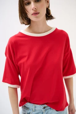 Best KIKISIX T-SHIRT PARICOLLO E FONDO MANICA COSTINA ROSSO/PANNA