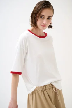 Best KIKISIX T-SHIRT PARICOLLO E FONDO MANICA COSTINA BIANCO/ROSSO