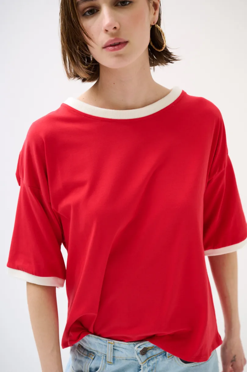 Best KIKISIX T-SHIRT PARICOLLO E FONDO MANICA COSTINA ROSSO/PANNA