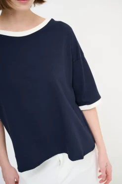 Outlet KIKISIX T-SHIRT PARICOLLO E FONDO MANICA COSTINA BLU/PANNA